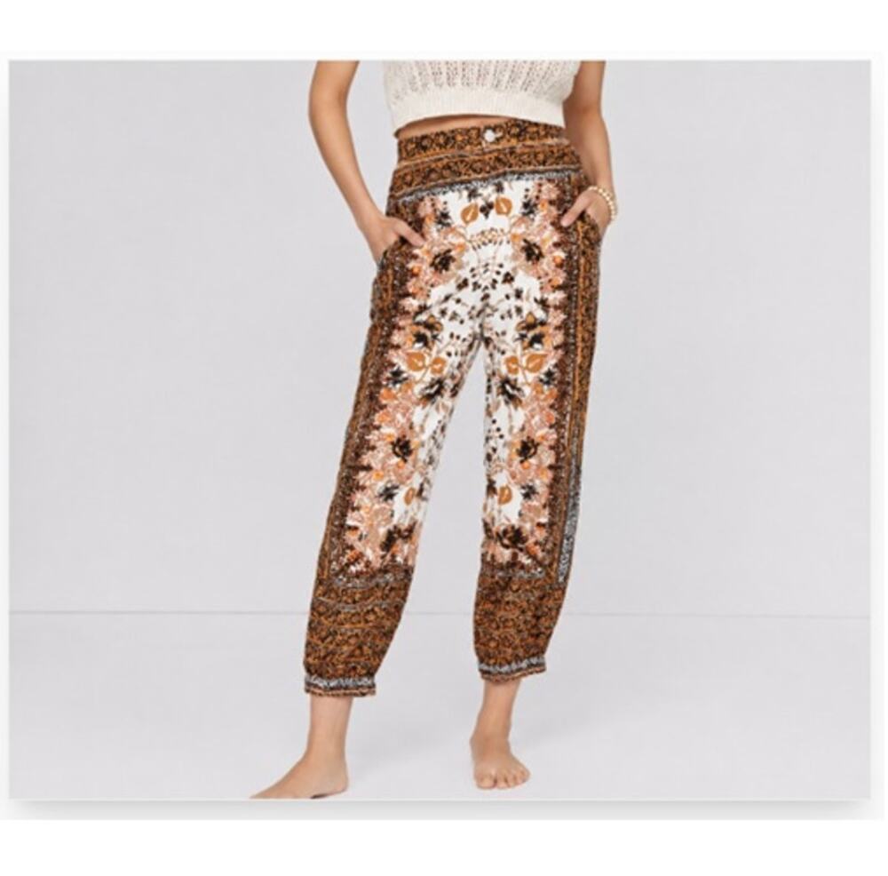 Anthropologie Floral Print Jogger Pants Womens 4 Brown Boho Linen Blend Beach